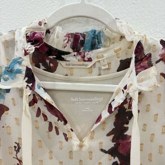 Soft Surroundings Women's Large Primrose Blouse Top Floral Gold Metallic Tie - Picture 7 of 10